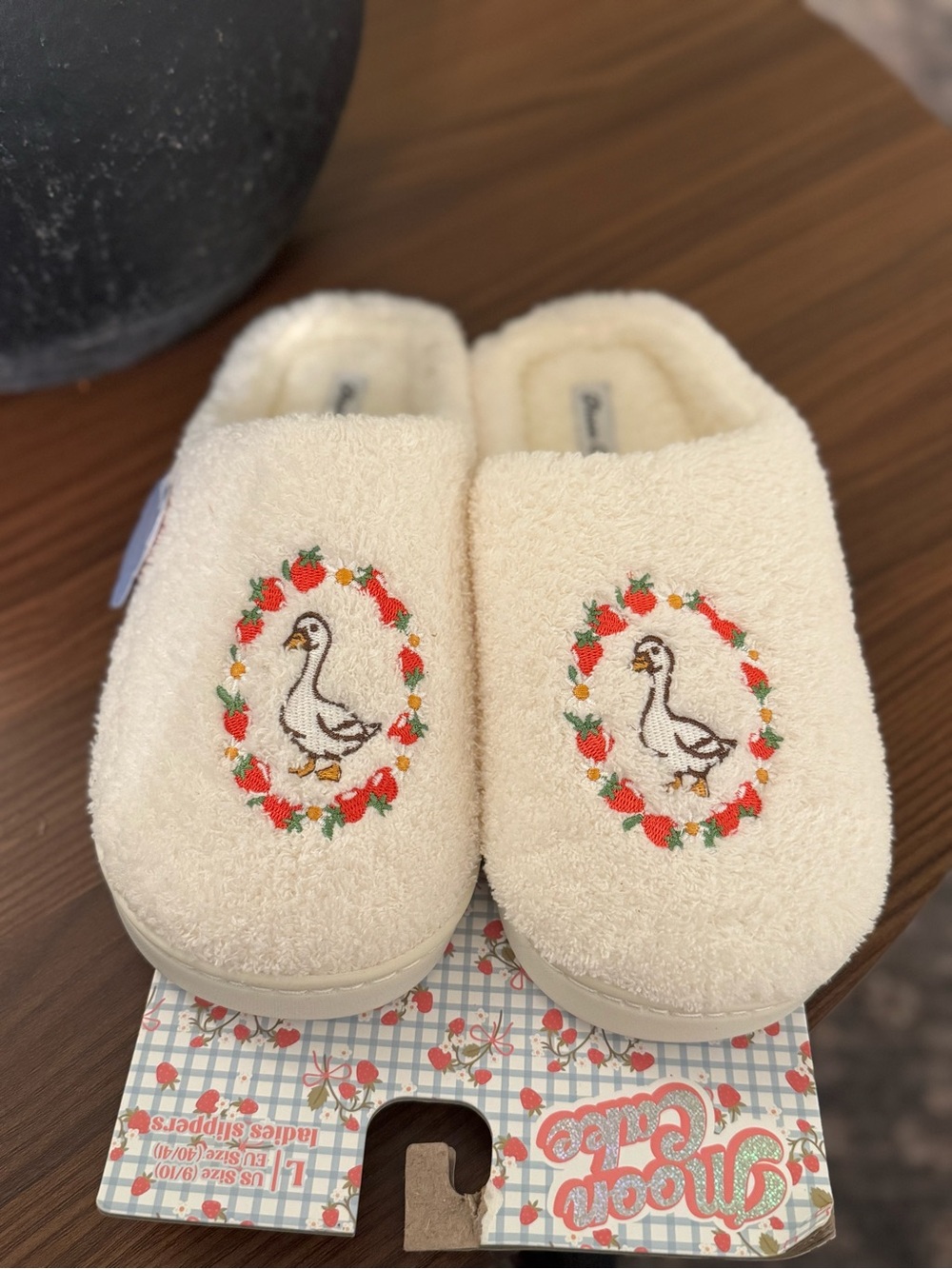 Cozy Cream Embroidered Duck Slippers - Picture 2 of 5
